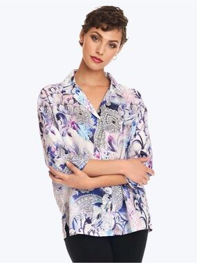 NWT Tianello Paisley Floral Button Front Linen Shirt size Small